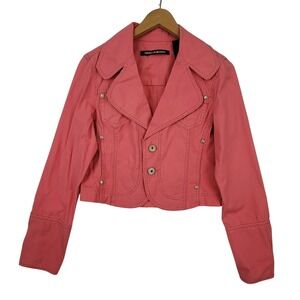 DKNY Jeans Pink Cropped Cotton Canvas Jacket Button Up Collared Womens M VTG Y2K
